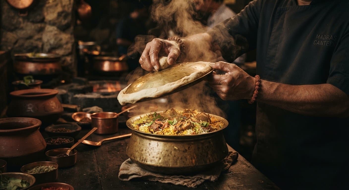 Lifting the lid of a sealed biryani pot as steam rises